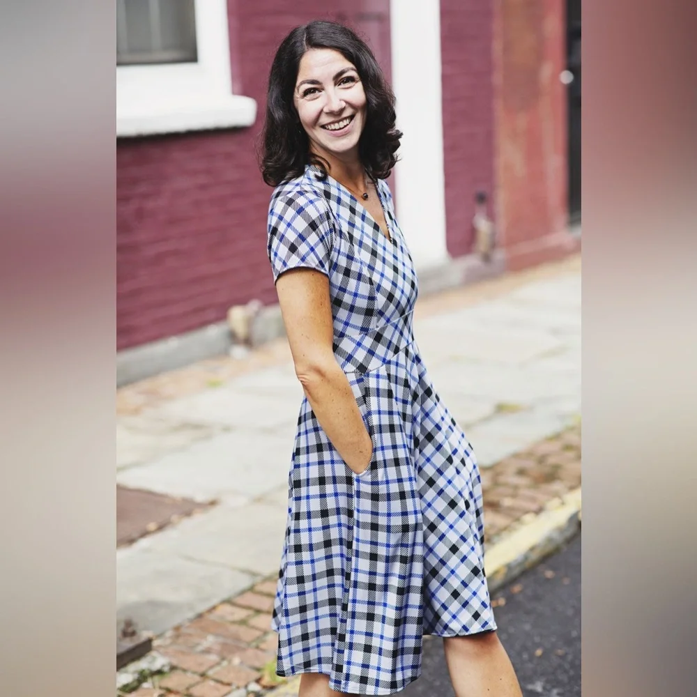 Karina Cece Dress - Navy & Gray Plaid with Pockets - Picture 2 of 14
